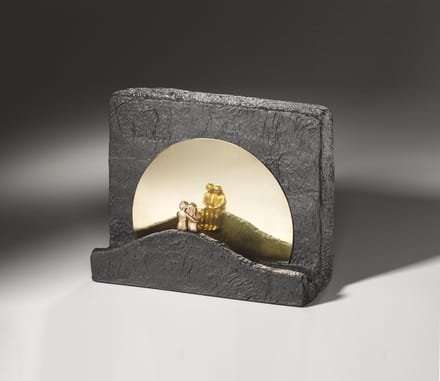sculptuur stilte - 2 mensen bij zonsondergang bronzen beeld - stenen sokkel - ECHT BRONS - handwerk