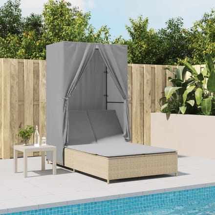 vidaXL - Ligbed - tweepersoons - met - dak - en - gordijn - poly - rattan - beige