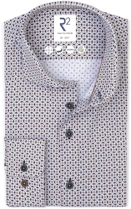 R2 Overhemd Poplin Graphical Print Beige Blue - Maat 46 - Heren - Overhemden Formeel
