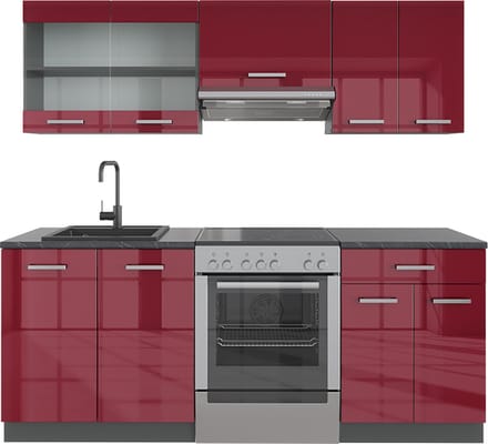 Vicco R-Line Complete keukeneenheid – 200 cm, WB Antraciet Rood hoogglans/antraciet