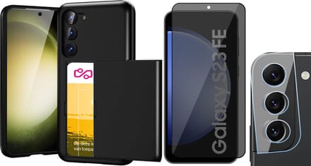 Hoesje met Pasjeshouder geschikt voor Samsung Galaxy S23 FE - Privacy Screenprotector FullGuard & Camera Lens Screen Protector - Back Cover SlideCase Zwart