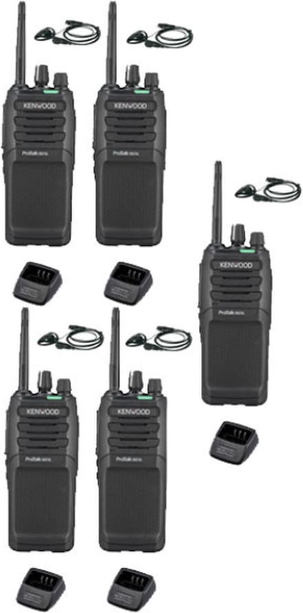 Set van 5 Kenwood TK-3701D IP55 Portofoon met D-shape oortje en tafellader