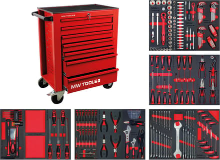 Gevulde rode gereedschapswagen STARTER 212-delig MW Tools MWE211R
