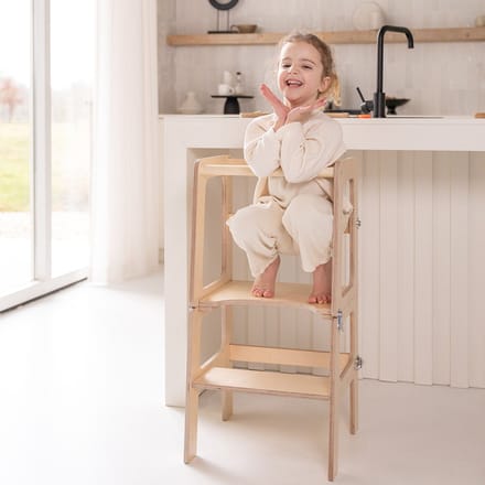 Jindl - Montessori Leertoren 2-in-1 - Houtkleur - Keukenhulp - Learning Tower - Tafel en Stoelen Set Kinderen - Kitchen helper - multifunctioneel
