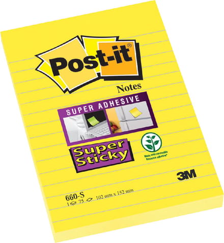 Memoblok Post-it 660 Super Sticky 102x152 geel met lijn 75 vel | 6 stuks