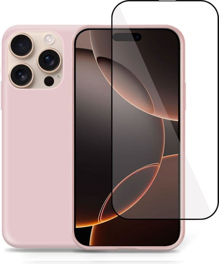 Hoesje + Screenprotector geschikt voor Apple iPhone 16 Pro Max – Full Screen Tempered Glass - Liquid Back Case Cover Rose