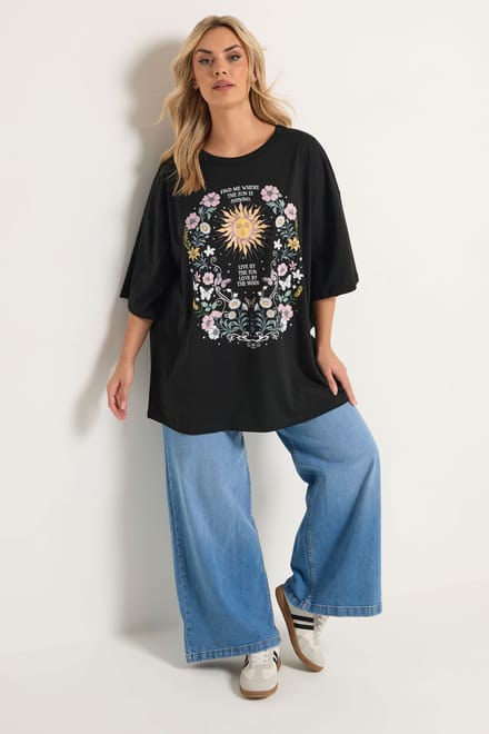 Yours Zwarte Tshirt Met Bloemen En Zonnemotief Size 44