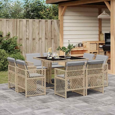 vidaXL - 9-delige - Tuinset - met - kussens - poly - rattan - gemengd - beige