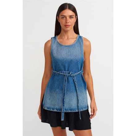 Katoenen Denim Tuniekblouse met Strikdetail