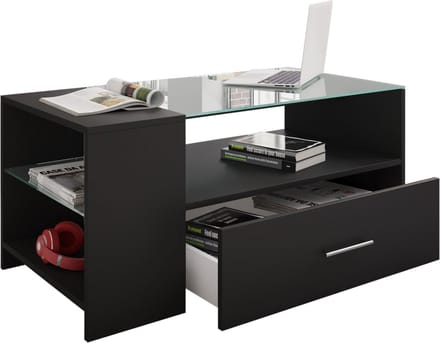 Tindala salontafel met glazen blad, 1 lade, 3 plankenzwart.