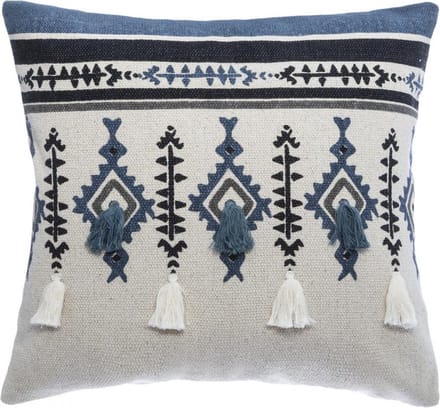 Kussensloop ETNIK macramé  pompon 40x40, blauw grijs