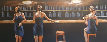 Schilderij - Metaalschilderij - In het Café, voor de bar, 60x150cm, 3D art