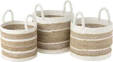 J-Line mand Caro - raffia - wit/naturel - 3 stuks