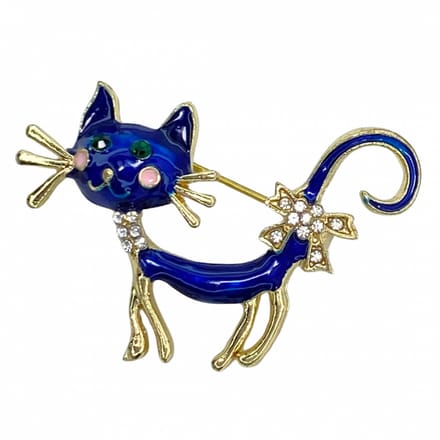 Broche poes blauw goudkleurig strass - Charme Bijoux