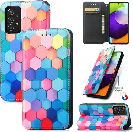 Luxe PU Lederen Wallet Case + PMMA Screenprotector voor Galaxy A72 4G _ kleurrijke Honingraat
