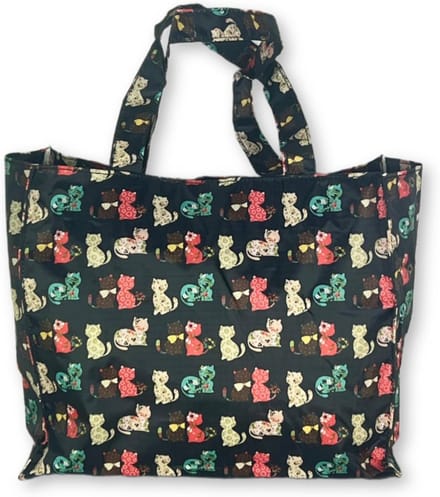 Kleine damestas nylon herbruikbare boodschappentas met ritssluiting en kitten motief 30 cm