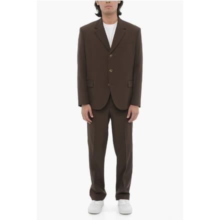 Zijsplitten, reverskraag, slim fit, drieknoops pak in bruin