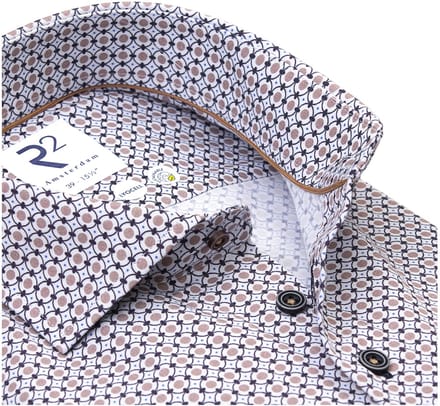 R2 Overhemd Poplin Graphical Print Beige Blue - Maat 38 - Heren - Overhemden Formeel
