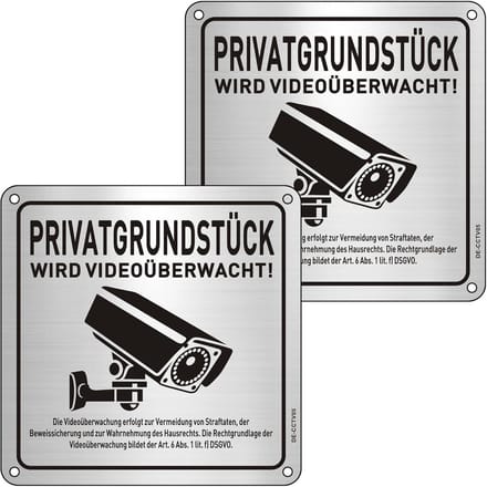 Videobewaking borden met DSGVO-notitie - 15x15 cm zelfklevend metaal - 2 stuks