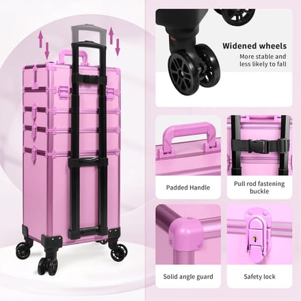Make-up Koffer - Cosmetica Trolley - Professioneel Gebruik - 5-in-1 Modulair - Verstelbare Stang - Roze