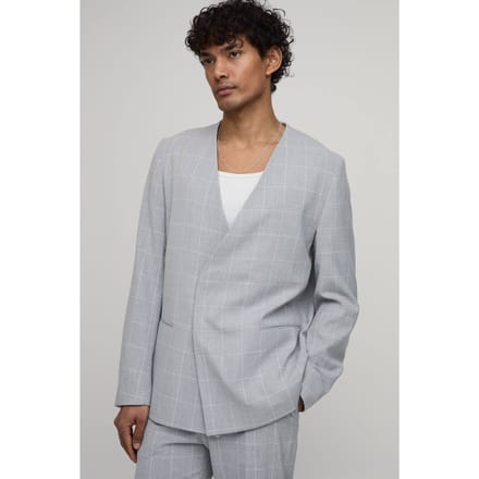 Windowpane Checked Collarless Regular Fit Wrap Blazer | Grey | Size 50