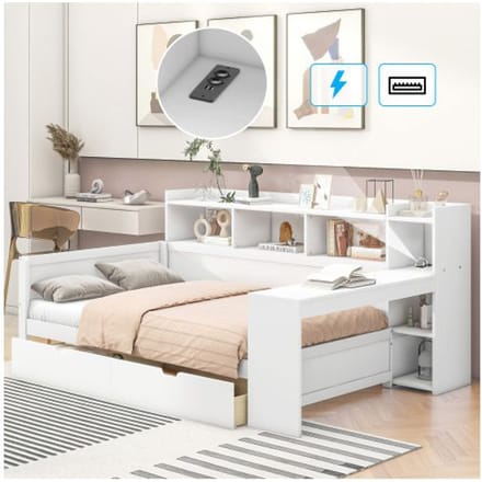Slaapbank - MUVOE - 90 x 200 cm - Wit - USB-poort - 2 opberglades wit