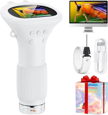 Microscoop voor kinderen, 1000x zakmicroscoop met 2,0 inch IPS-scherm, USB-microscoop, vergrootglas, 8 ledlampjes, aansluiting op pc, mini-kindermicroscoop voor Pasen, speelgoed, wit