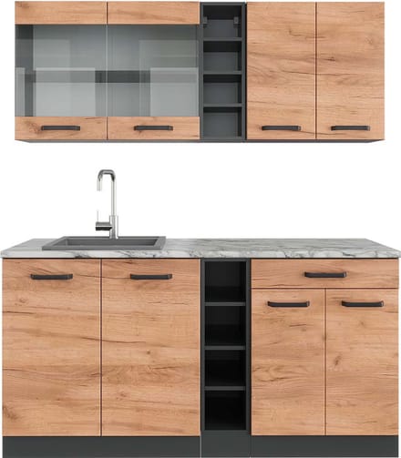 Vicco R-Line Eenpersoonskeuken – 160 cm, WB Marmer Eik goud/antraciet