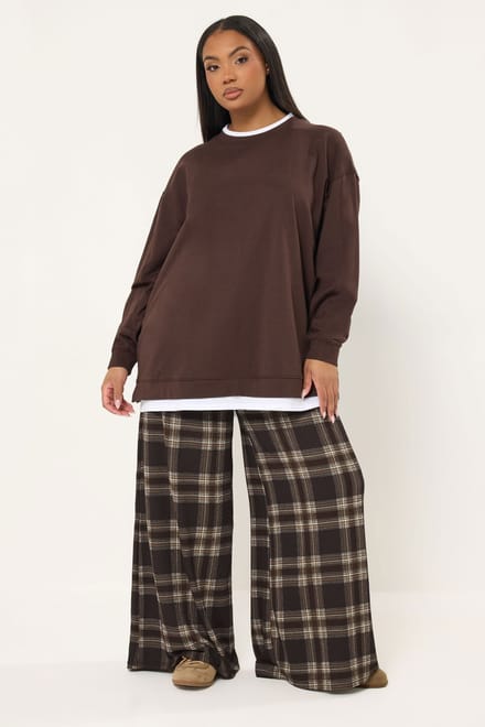 Yours Chocoladebruine Geruite Broek Met Wijde Pijpen Size 44