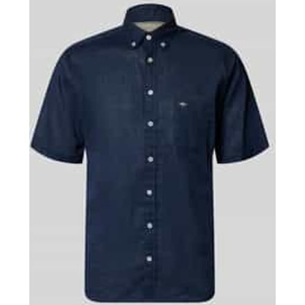 Fynch-Hatton Overhemd Short Sleeve Linnen Cotton Solid Color Button-Down Marine / male