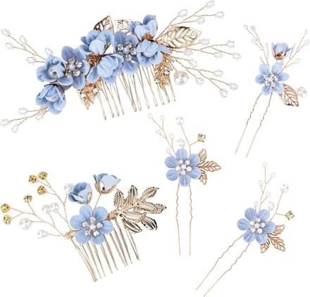5-Delige Bruids Haaraccessoires Set Blauwe Bloemen & Kristal voor Bruiloft en Feest