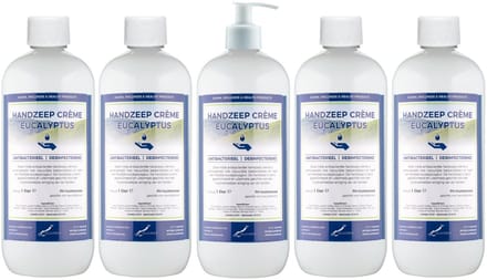 Handzeep Crème Eucalyptus 1 liter - set van 5 stuks - met gratis pomp - Voordeelverpakking