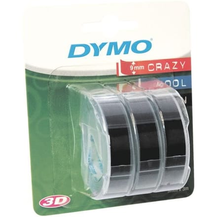 Reliëftape Dymo embossing plastic 9mm zwart op wit 3 stuks