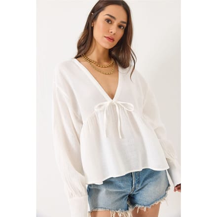 Textured V-hals Crop Blouse met Strik