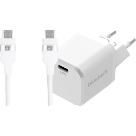 BlueBuilt Power Delivery Oplader 45W + Usb C Kabel 1,5m Nylon Wit