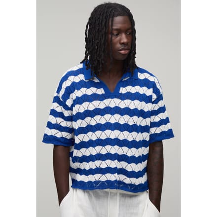 Oversized Boxy Wavy Open Stitch Knitted Polo T-Shirt | Blue | Size Medium