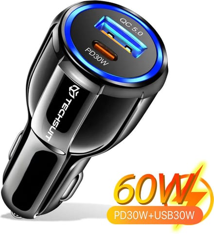 Autolader Premium (TE-022) - USB-A QC5.0 30W, USB-C PD30W, totaal 60W, LED-licht - Zwart