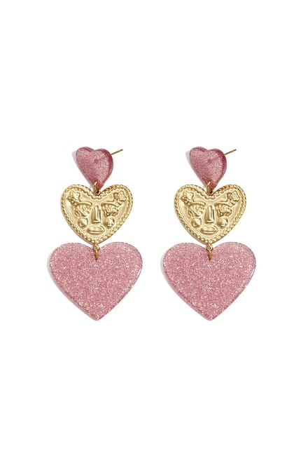Statement oorbellen met glitter harten - Paars
