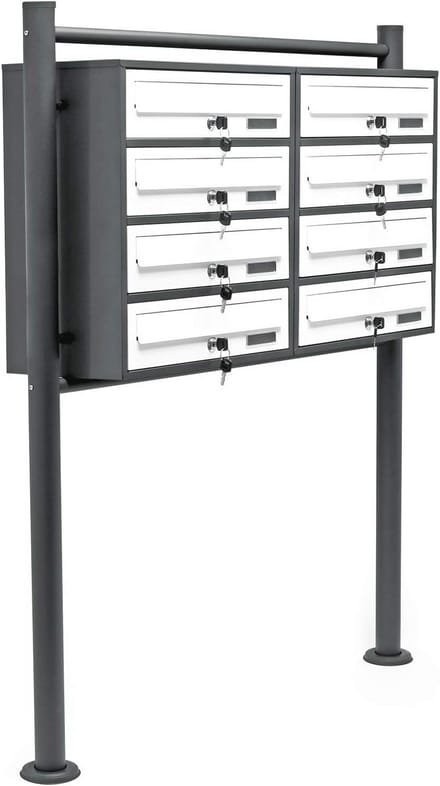 Mailboxsysteem met 8 brievenbussen en staande voet, poedercoating antraciet-wit