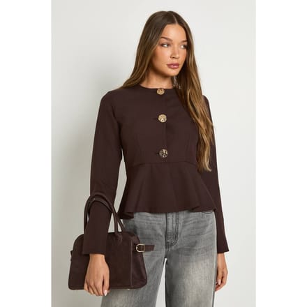 boohoo Dames Gouden knop Peplum blazer | Chocoladebruin | Maat: 38