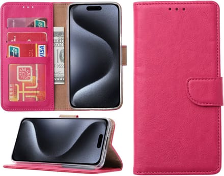 Hoesje geschikt voor iPhone 15 Pro Max - Bookcase - Pasjeshouder - Kunstleer - Roze