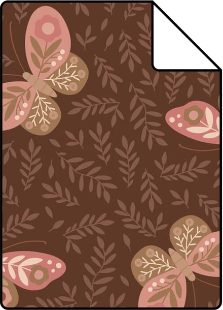 Proefstaal ESTAhome behang vlinders donkerbruin en roze - 26.5 x 21 cm - 131888-S