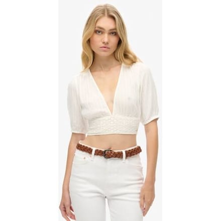 Superdry Ibiza top met Korte Mouwen en Kanten Rand Wit Grootte: 36