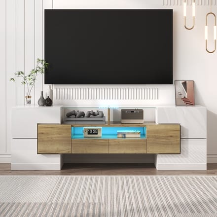 Sweiko TV-meubel - Hoogglans - 145 cm - Met LED-verlichting - Glazen blad - Wit + Natuurlijk