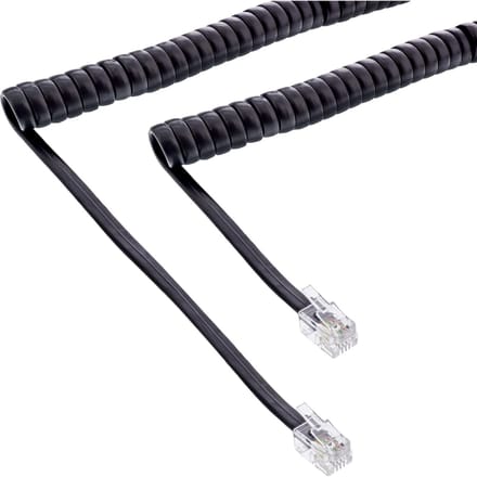 RJ10 telecom crossover spiraalkabel met lang begin- of einddeel | zwart | 4 meter