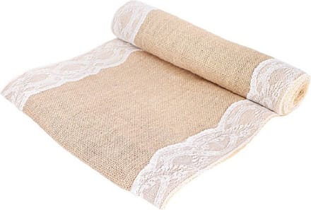 Chaks Jute tafelloper - 2x - met wit kant - 30 x 300 cm - Tafeldecoratie versieringen
