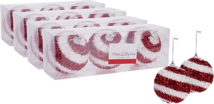 12x stuks gedecoreerde kerstballen rood/wit kunststof diameter 8 cm - Kerstboom versiering