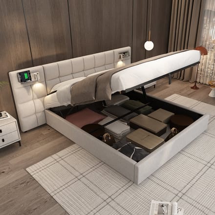 REDOM Bedframe 180x200 cm – Linnen grijs – Met hydraulische opbergruimte, USB & draadloos laden