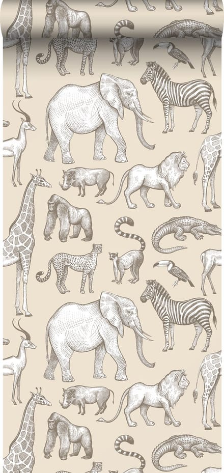 ESTAhome behang jungle dieren beige - 53 cm x 10.05 m - 139511