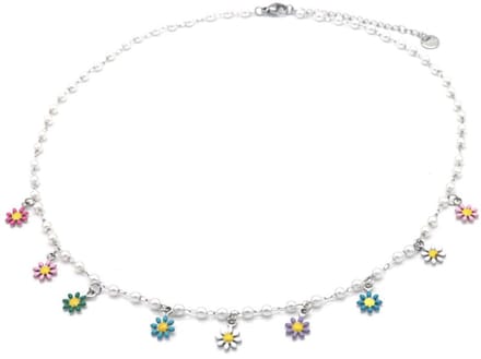 Bijoutheek Collier Bloemen Parel Multi Zilverkleurig